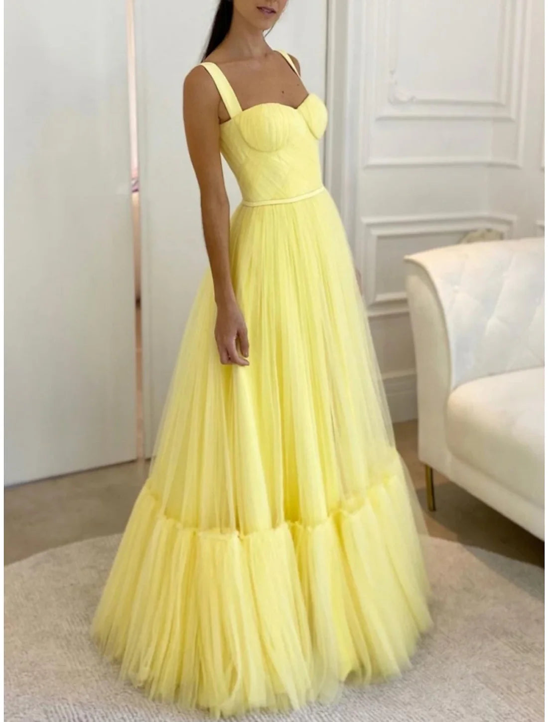 Luolandi A-Line Evening Gown Elegant Dress Formal Floor Length Sleeveless Sweetheart Tulle with Pleats Prom Dress